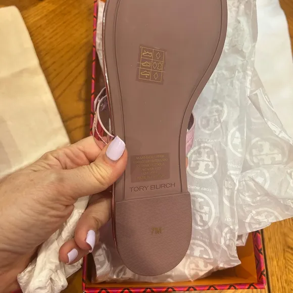 Tory Burch Pink Metallic Sandals with Signature Medallion