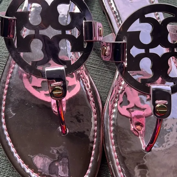 Tory Burch Pink Metallic Sandals with Signature Medallion