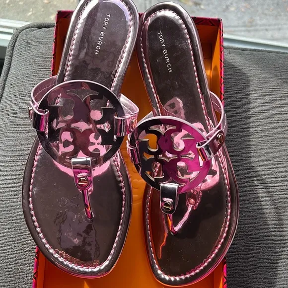 Tory Burch Pink Metallic Sandals with Signature Medallion