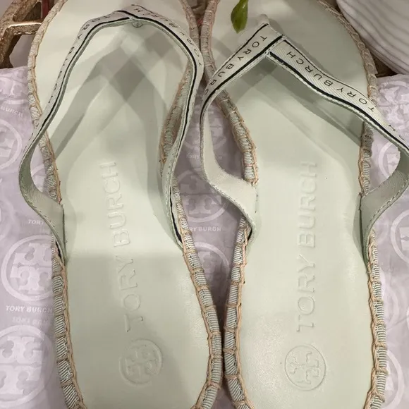 Tory Burch Ribbon Logo Thong Espadrille Sandal in Meadow Mist/Navy, Size 8 - NIB