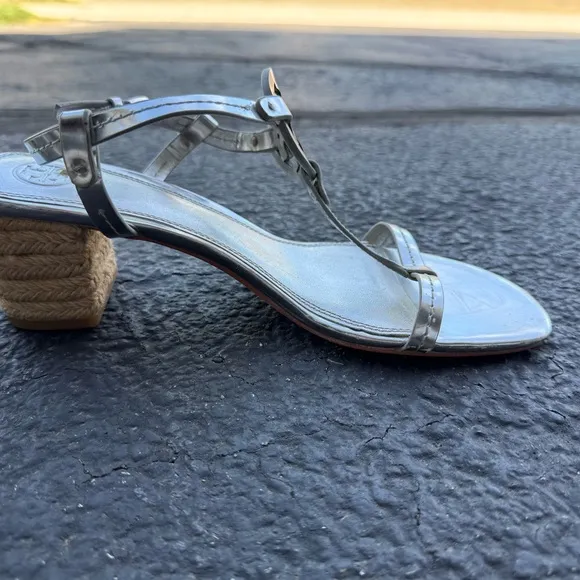 Tory Burch Silver T-Strap Sandals with Medallion