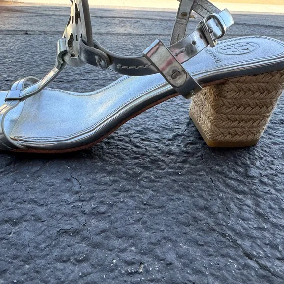 Tory Burch Silver T-Strap Sandals with Medallion