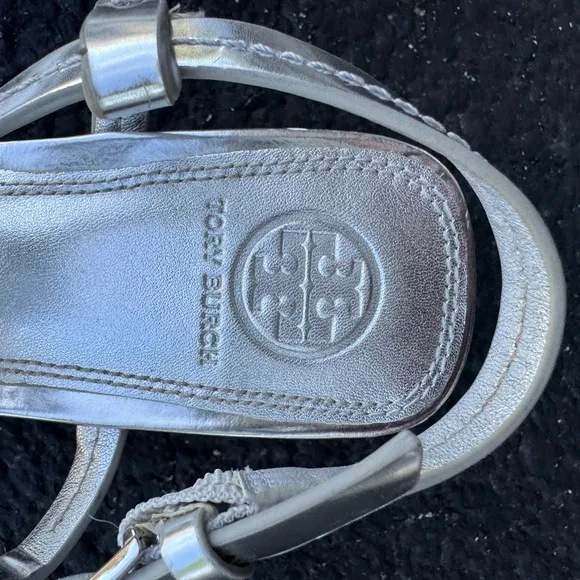 Tory Burch Silver T-Strap Sandals with Medallion