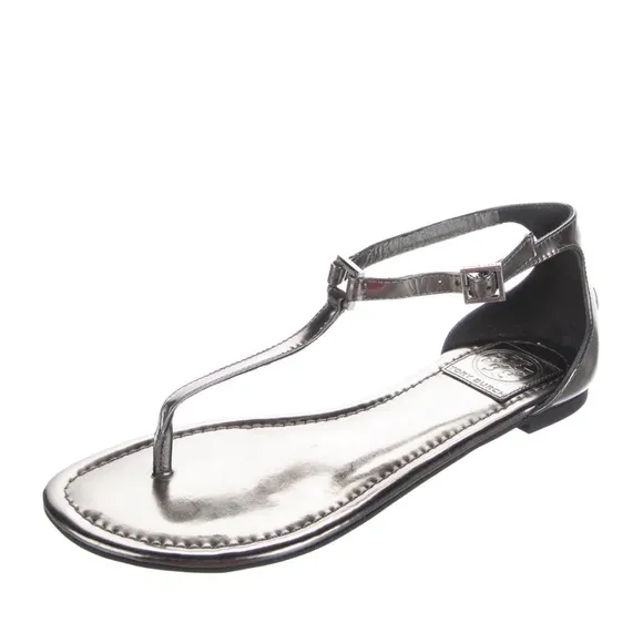 Tory Burch Silver T-Strap Sandals with Studded Sole