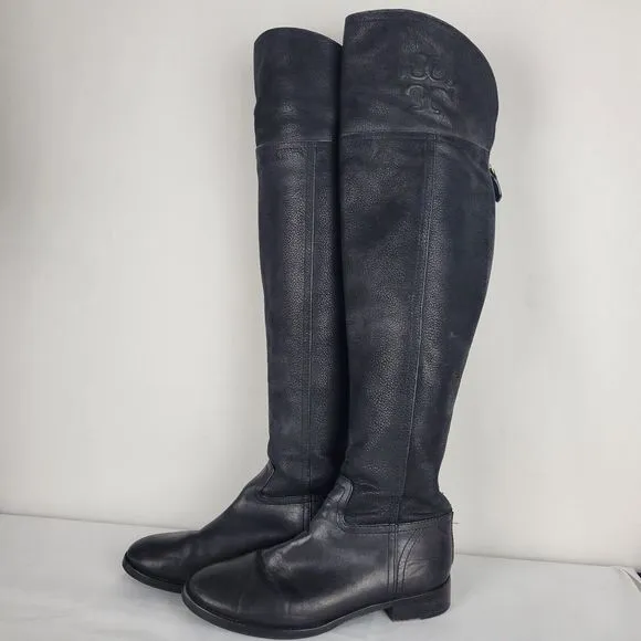 Tory Burch Simone Riding Boots Sz 7.5M Over The Knee Equestrian Black Leather