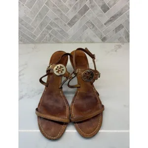 Tory‎ Burch Strappy Sandals Heels Gold Emblem Size 8 2 Inch Heel Adjustable