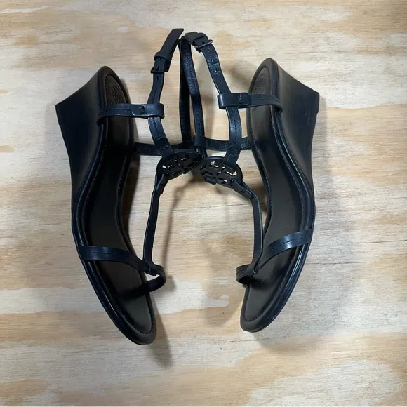 Tory Burch T-Strap Black Leather Wedge Sandals Women’s Size 8.5