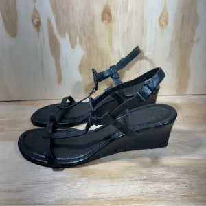Tory Burch T-Strap Black Leather Wedge Sandals Women’s Size 8.5