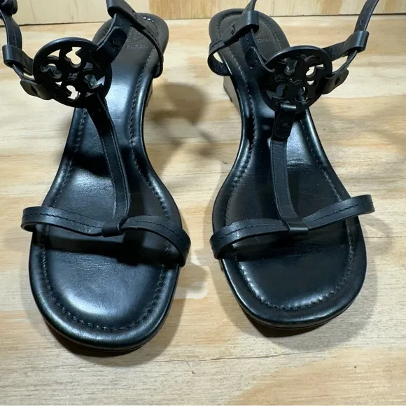Tory Burch T-Strap Black Leather Wedge Sandals Women’s Size 8.5