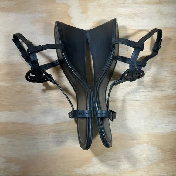 Tory Burch T-Strap Black Leather Wedge Sandals Women’s Size 8.5