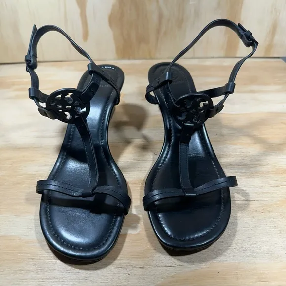 Tory Burch T-Strap Black Leather Wedge Sandals Women’s Size 8.5