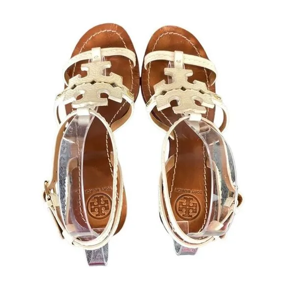 Tory Burch White Chandler Tumbled Leather Cork Heels Strappy Sandals Size 7M