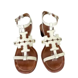 Tory Burch White Chandler Tumbled Leather Cork Heels Strappy Sandals Size 7M