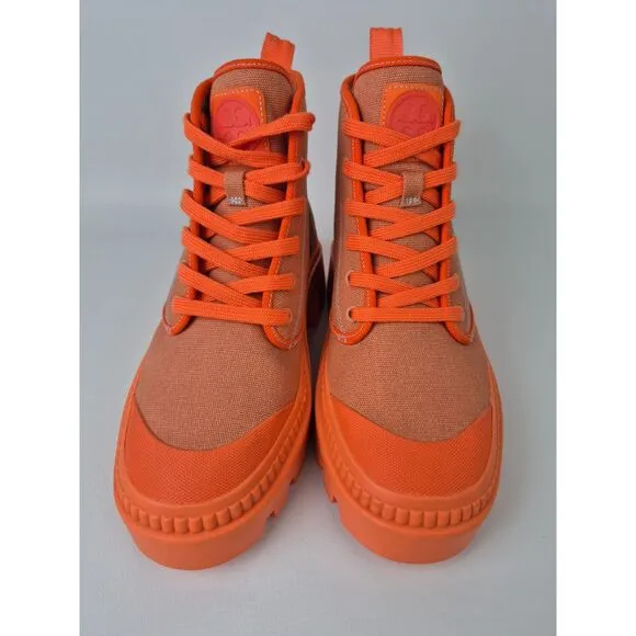 Tory Burch Women's Orange Canvas Suede Camp Sneaker Lace-Up Combat Boot Size 6.5