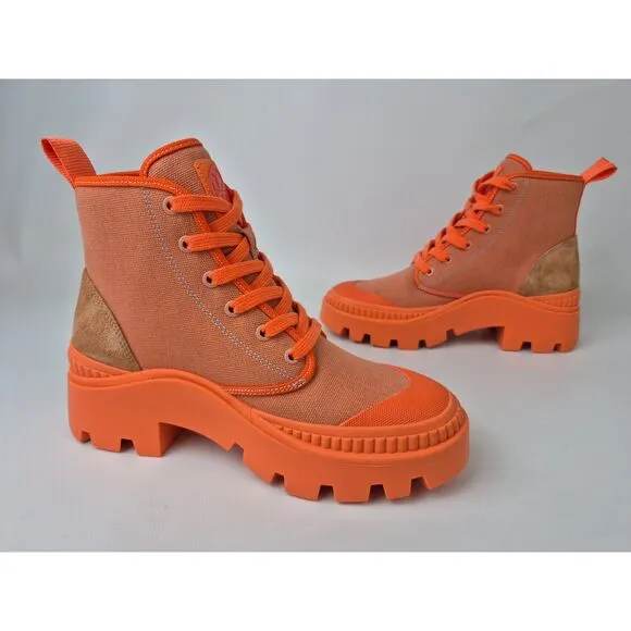 Tory Burch Women's Orange Canvas Suede Camp Sneaker Lace-Up Combat Boot Size 6.5