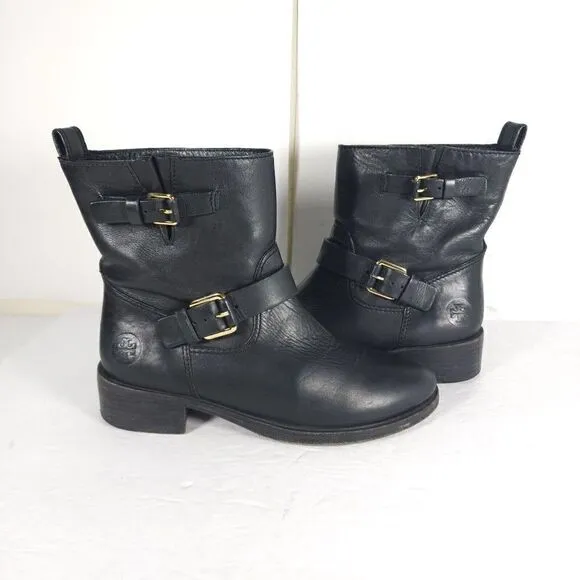 Tory Burch Women’s Bennie US 7M Black Leather Buckled Ankle Biker Riding Boots