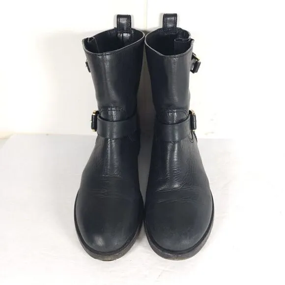 Tory Burch Women’s Bennie US 7M Black Leather Buckled Ankle Biker Riding Boots