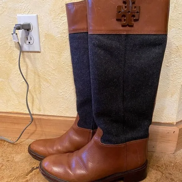 Tory burch Brown leather and Grey wool flannel Lowell Riding Boots sz 10.5