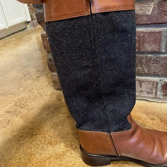 Tory burch Brown leather and Grey wool flannel Lowell Riding Boots sz 10.5