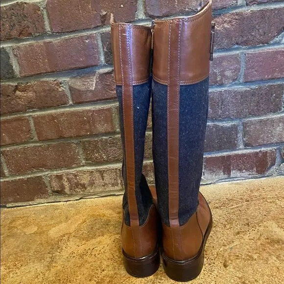 Tory burch Brown leather and Grey wool flannel Lowell Riding Boots sz 10.5