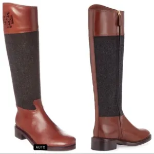 Tory burch Brown leather and Grey wool flannel Lowell Riding Boots sz 10.5