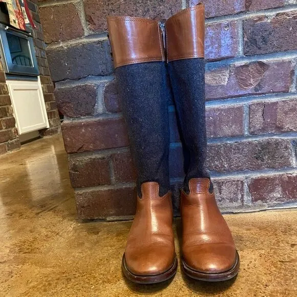 Tory burch Brown leather and Grey wool flannel Lowell Riding Boots sz 10.5