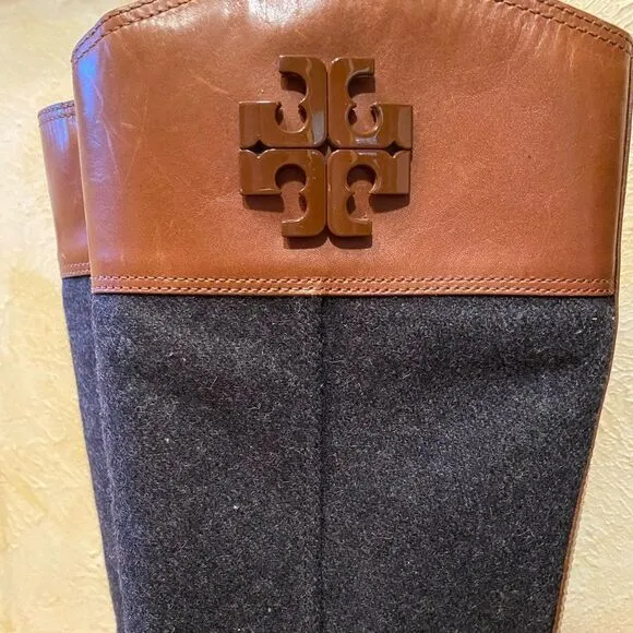 Tory burch Brown leather and Grey wool flannel Lowell Riding Boots sz 10.5