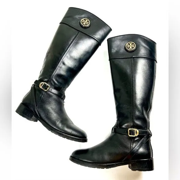Tory Burch Teresa Black Leather Riding Boots