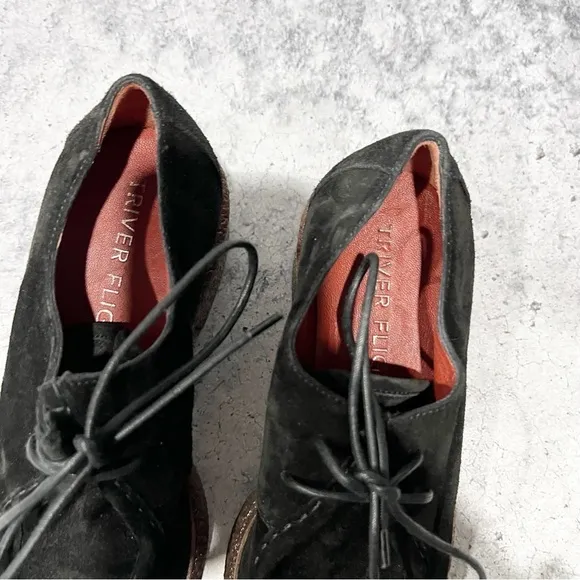 Triver Flight Anthropologie Black Suede Platform Moccasin Loafers Lace Up Sz 37