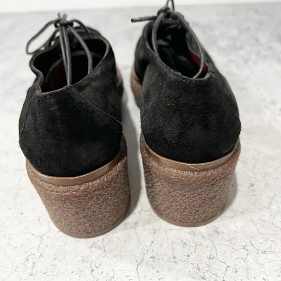 Triver Flight Anthropologie Black Suede Platform Moccasin Loafers Lace Up Sz 37