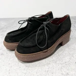 Triver Flight Anthropologie Black Suede Platform Moccasin Loafers Lace Up Sz 37