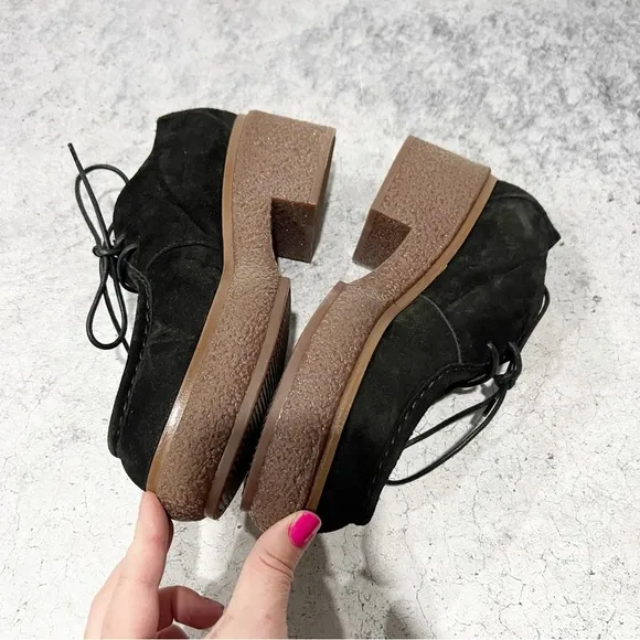Triver Flight Anthropologie Black Suede Platform Moccasin Loafers Lace Up Sz 37