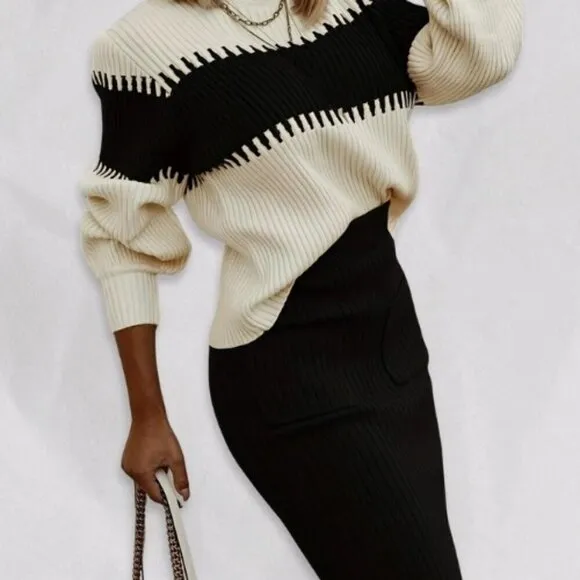 Two-Piece Slim-Fit Color Block Rib Knit Sweater Midi Skirt Set Cream Black W 12