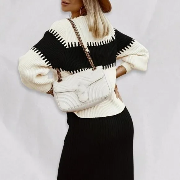 Two-Piece Slim-Fit Color Block Rib Knit Sweater Midi Skirt Set Cream Black W 12