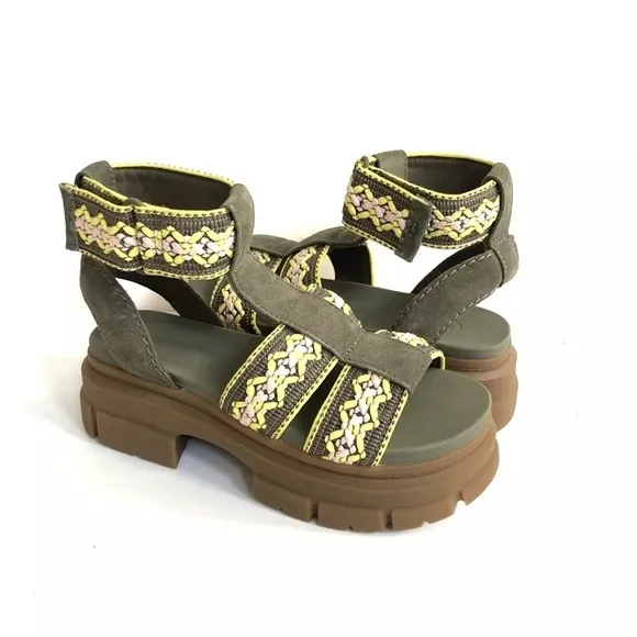 UGG ASHTON HERITAGE BRAID  STRAPPY BURNT OLIVE SLIDE CHUNKY SANDALS US 8