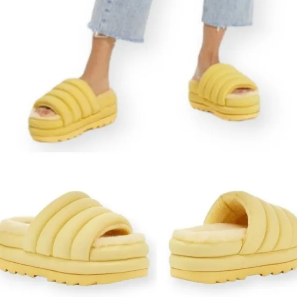 UGG BANANA YELLOW MAXI SHEEPSKIN PLATFORM Women SANDALS size8 new
