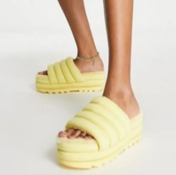 UGG BANANA YELLOW MAXI SHEEPSKIN PLATFORM Women SANDALS size8 new