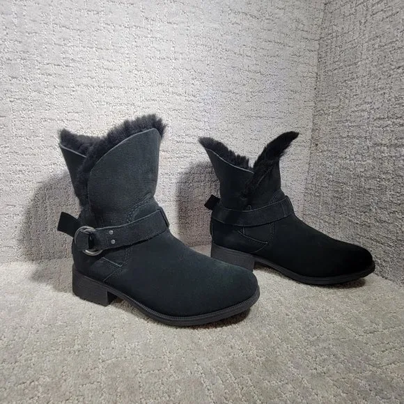 UGG Bodie Womens Size 8.5 US Black Suede Shearling Lined Fold Over Slouch Boots