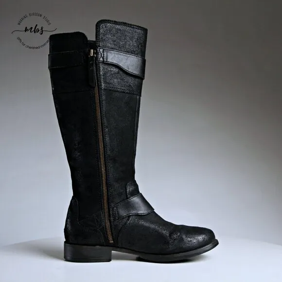 UGG Dayle Tall Distressed Leather Riding Boots Black Women 8