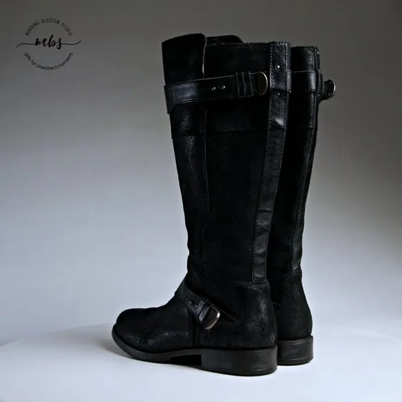 UGG Dayle Tall Distressed Leather Riding Boots Black Women 8