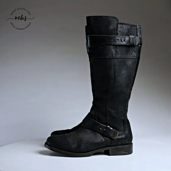 UGG Dayle Tall Distressed Leather Riding Boots Black Women 8