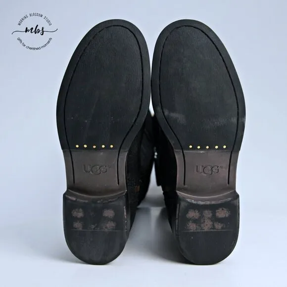 UGG Dayle Tall Distressed Leather Riding Boots Black Women 8