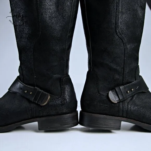UGG Dayle Tall Distressed Leather Riding Boots Black Women 8
