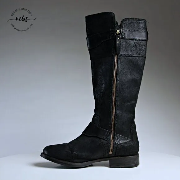 UGG Dayle Tall Distressed Leather Riding Boots Black Women 8