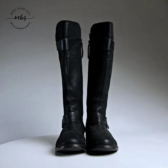 UGG Dayle Tall Distressed Leather Riding Boots Black Women 8