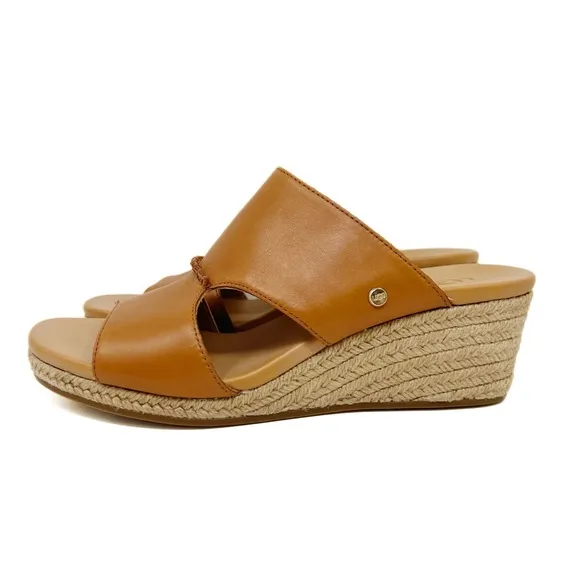 UGG Eirene Cognac Leather Espadrille Wedge Sandals
