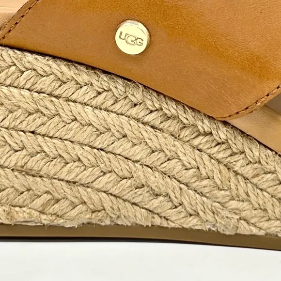 UGG Eirene Cognac Leather Espadrille Wedge Sandals