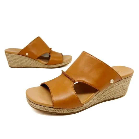 UGG Eirene Cognac Leather Espadrille Wedge Sandals