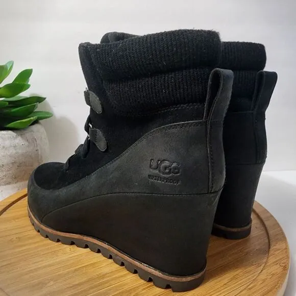 UGG Kriston Suede Platform Bootie Waterproof Leather Wedge Ankle Boot Size 10