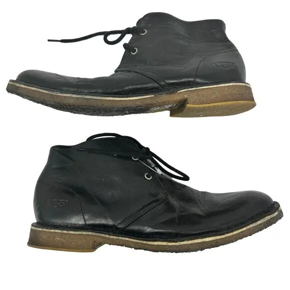 UGG Mens Leighton Chukka Desert Boots Black Leather Lace Up Round Toe 8